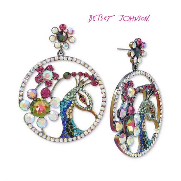 Betsey Johnson Jewelry - Betsey Johnson Stone Peacock Drop Hoop Earrings